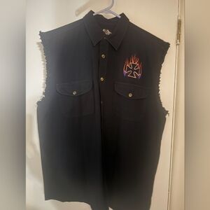 Black Sleeveless Button-Up Shirt with Flaming Iron Cross Design